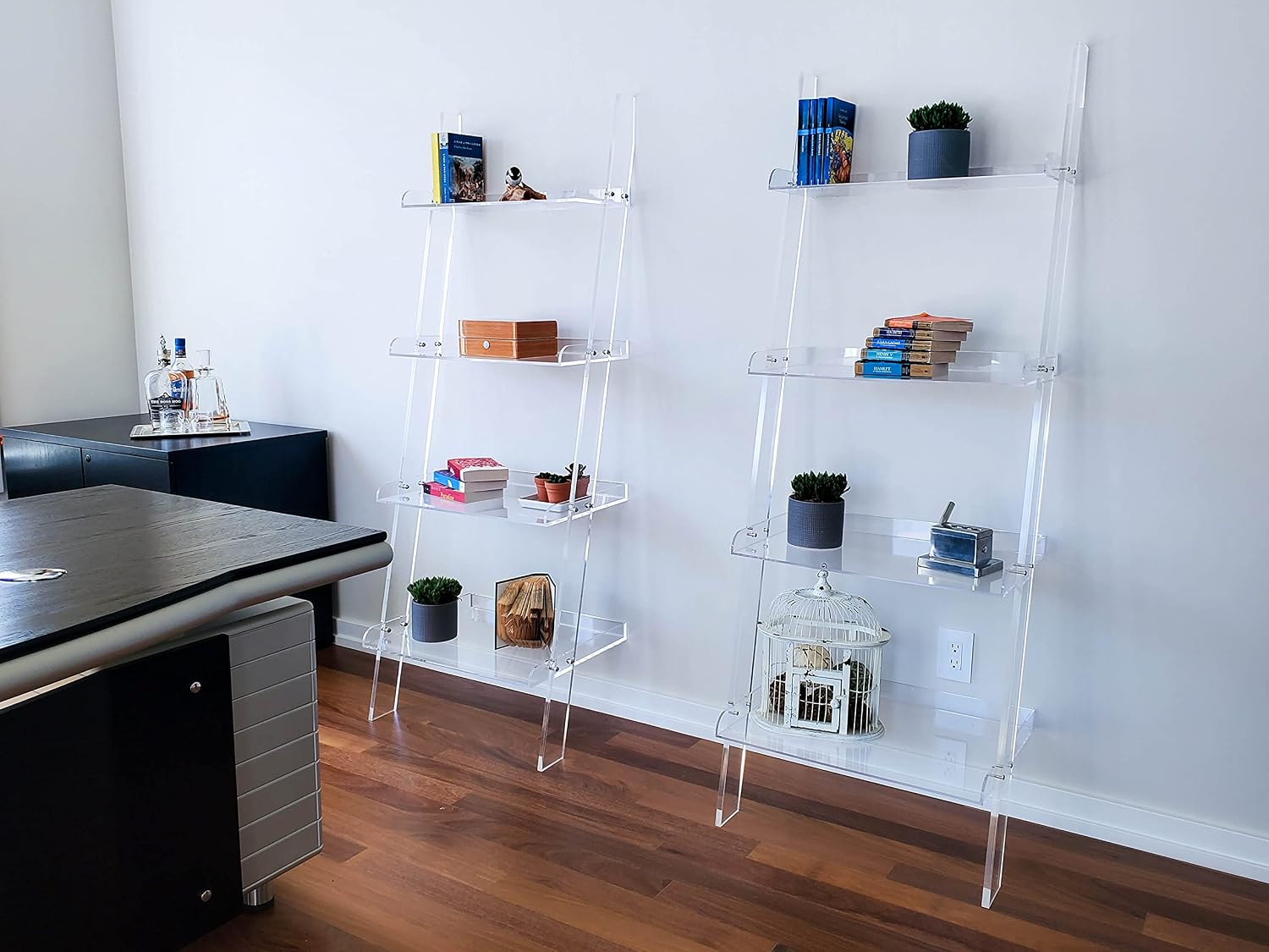 Acrylic Ladder Bookcase Wall Leaning Shelves – Large & Robust Modern Clear Floating Bookshelf - Decor Display for Open Shelving, Organizer, or Storage in the Living Room, Office, Bedroom, or Bathroom