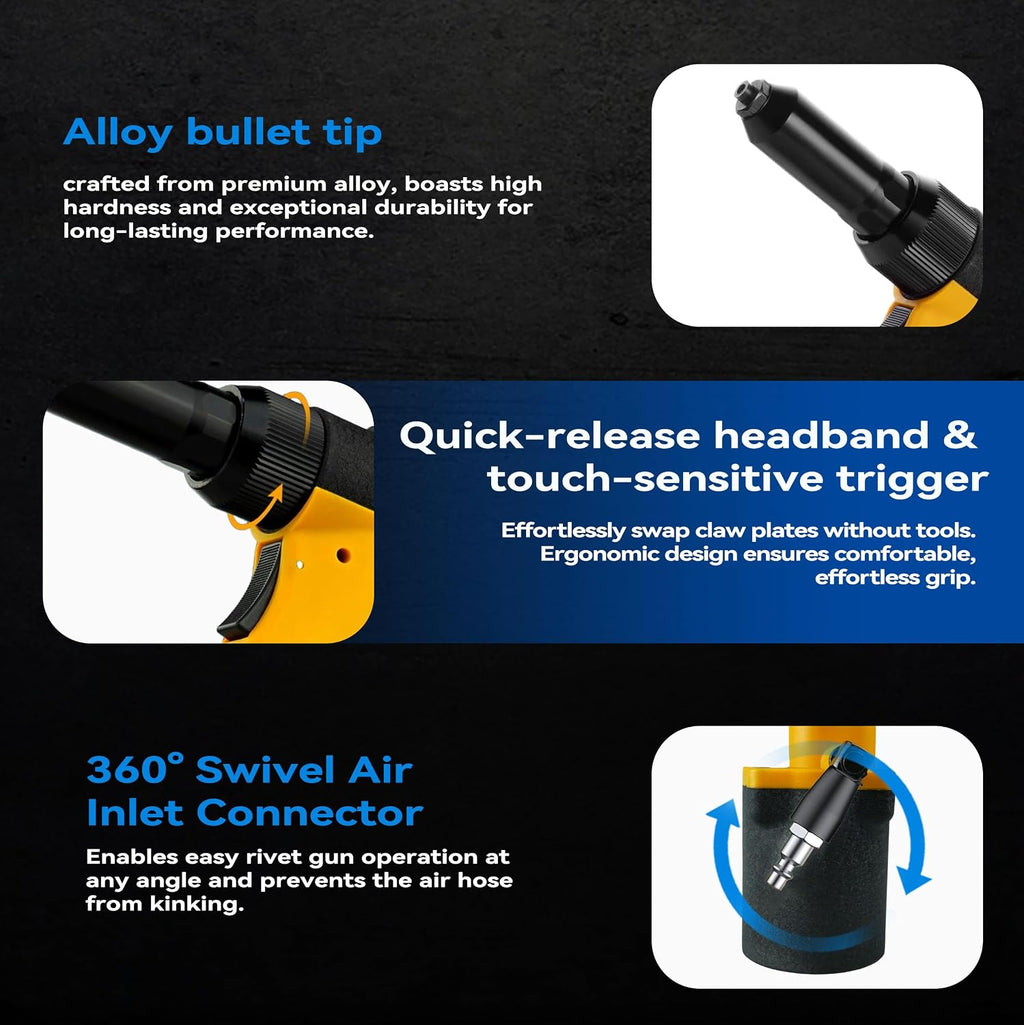 Self-Suction Pneumatic Rivet Gun Kit, Industrial Air Hydraulic Pop Riveter with 5 Nozzles (3/32'–1/4'), 4000LBF Heavy Duty Riveting Tool for Automotive, Construction & Manufacturing
