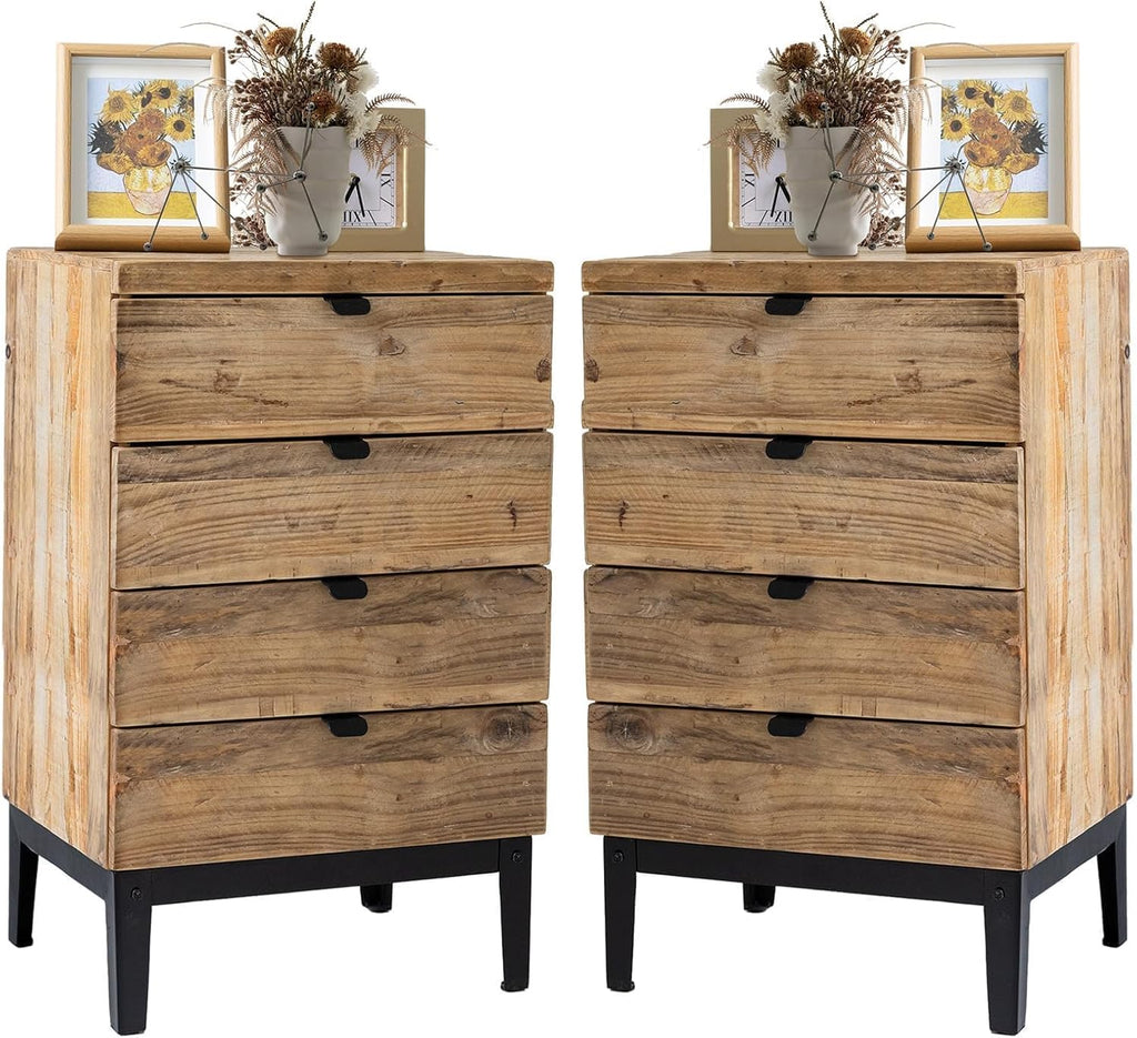 Wnutrees Farmhouse Nightstand Wood Bedside Table with 4-Drawers Bedside End Tables Storage for Living Room, Hallway, Handmade Distressed, Natural, Set of 2