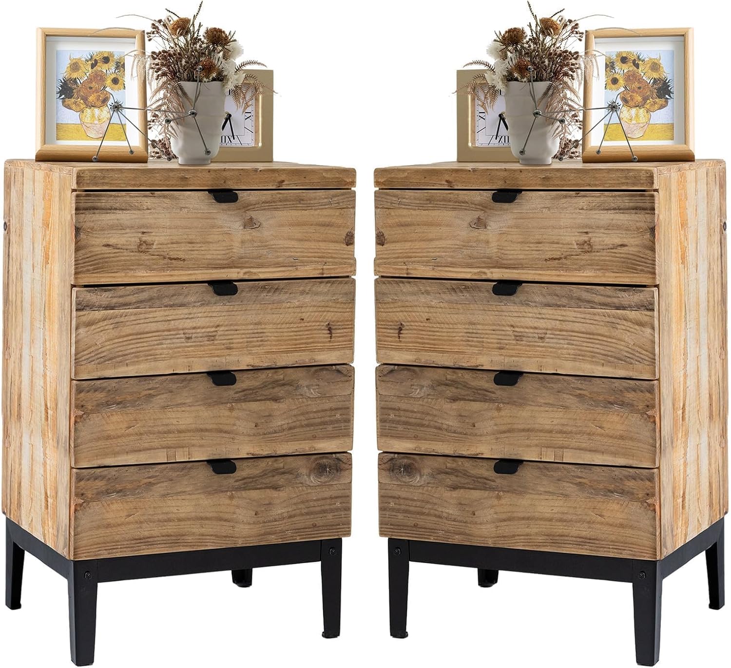 Wnutrees Farmhouse Nightstand Wood Bedside Table with 4-Drawers Bedside End Tables Storage for Living Room, Hallway, Handmade Distressed, Natural, Set of 2