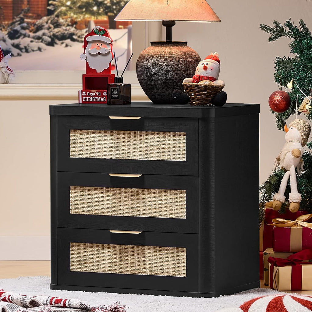 LEYAOYAO Rattan Night Stand Set of 2 with Drawers, 23' Large 3 Drawer Boho Nightstand, Natural Wood Bedside Table Storage Cabinet, Bed Side End Tables Dresser for Bedroom, Living Room, Hallway, Closet