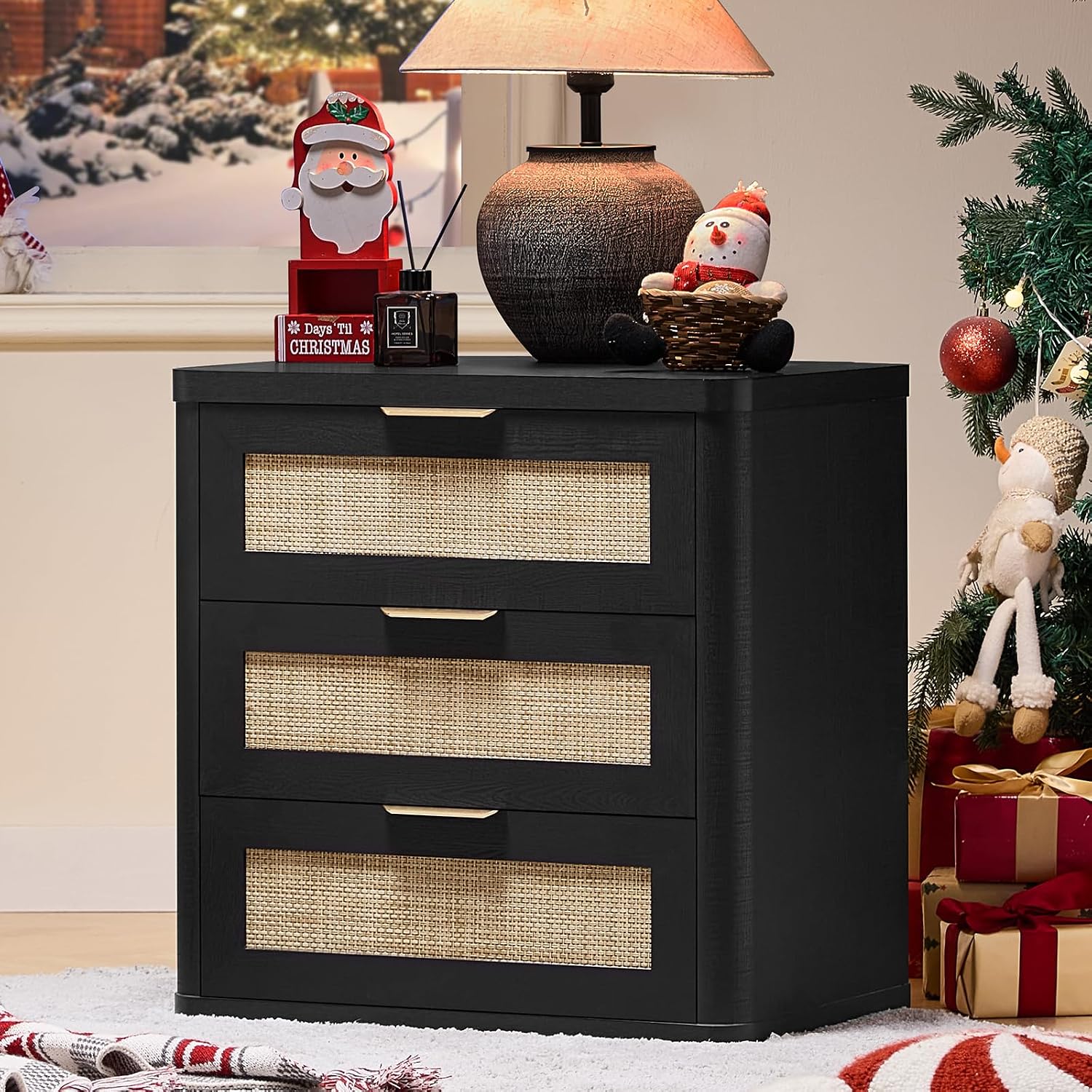 LEYAOYAO Rattan Night Stand Set of 2 with Drawers, 23' Large 3 Drawer Boho Nightstand, Natural Wood Bedside Table Storage Cabinet, Bed Side End Tables Dresser for Bedroom, Living Room, Hallway, Closet