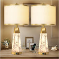 KIVDITZO 27' Alabaster Table Lamps Set of 2 - Lamps for Living Room with Night Light, Bedside Lamps with White Linen Shade, Nightstand Table Lamp with USB A+C Port for Bedroom Office (Bulb Included)