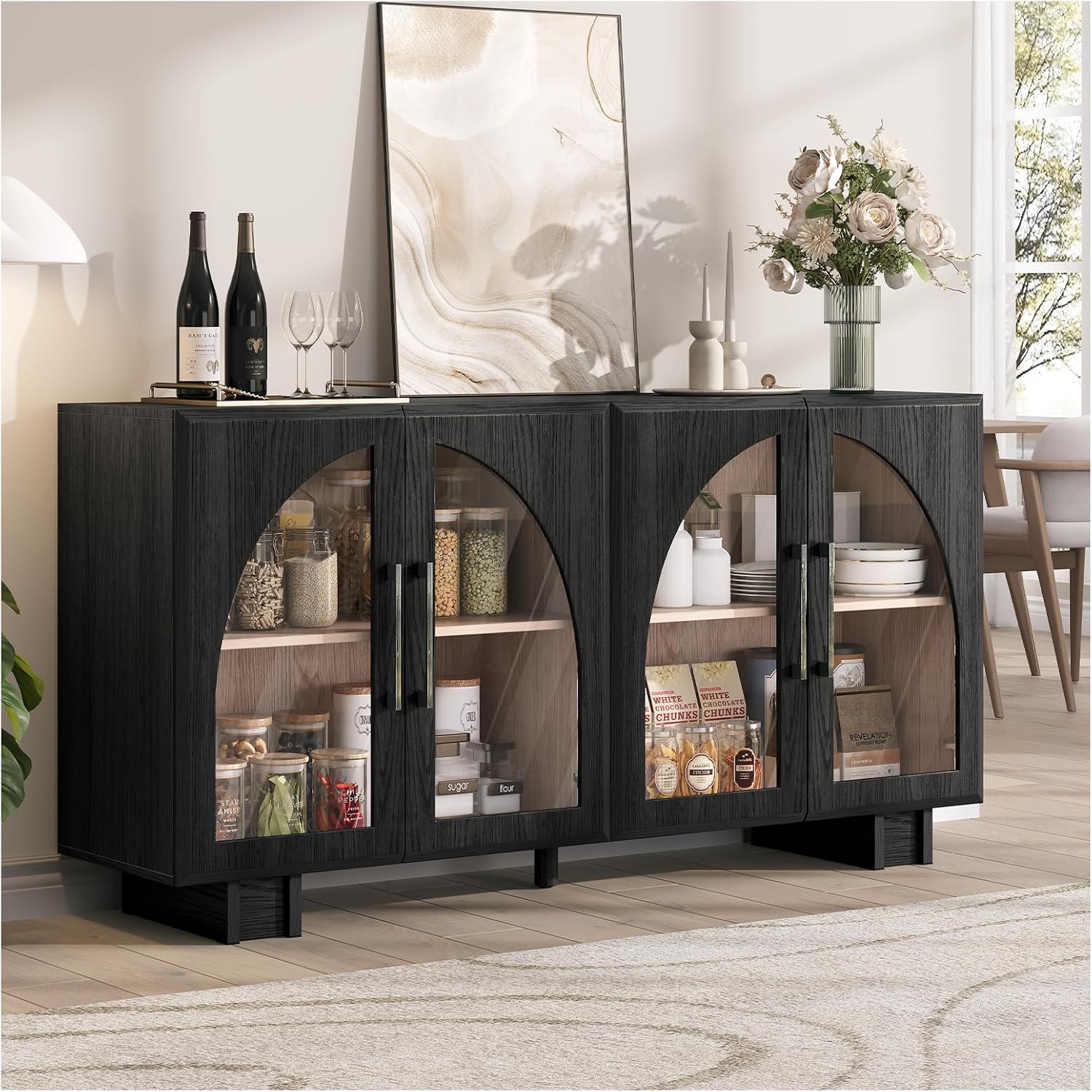 JOINICE Sideboard Buffet Cabinet with Storage,63' Modern Accent Console Cabinet with Glass Doors,Arched Credenza Storage Cabinet with Adjustable Shelves for Entryway,Kitchen,Black