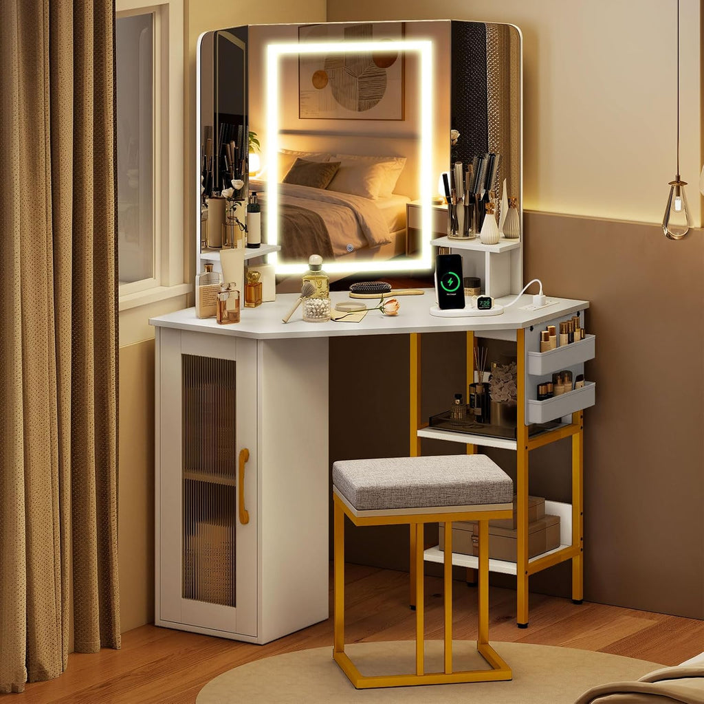 LOKO Corner Vanity Desk with Mirror & Lights, Modern Makeup Dressing Table with Triple Mirror, 3 Lighting Modes & Adjustable Brightness, Matching Chair, Open Shelves & Cabinet, 2 Fabric Bags