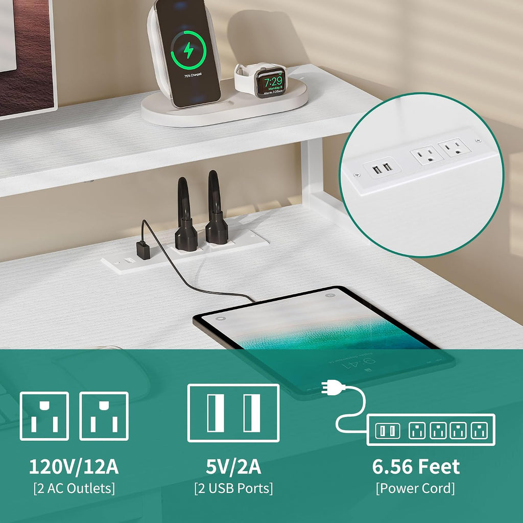 YITAHOME Computer Desk with Drawers, 47.2' Office Desk with Power Outlets & LED Light, Home Office Desk with Storage Shelves, White