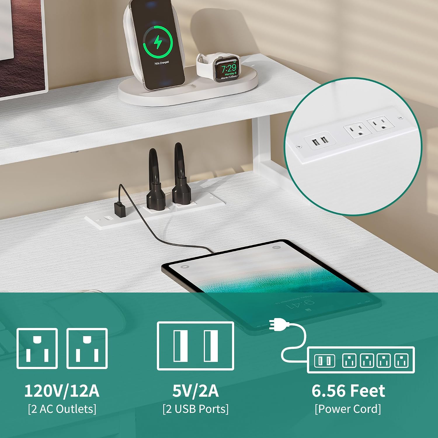 YITAHOME Computer Desk with Drawers, 47.2' Office Desk with Power Outlets & LED Light, Home Office Desk with Storage Shelves, White