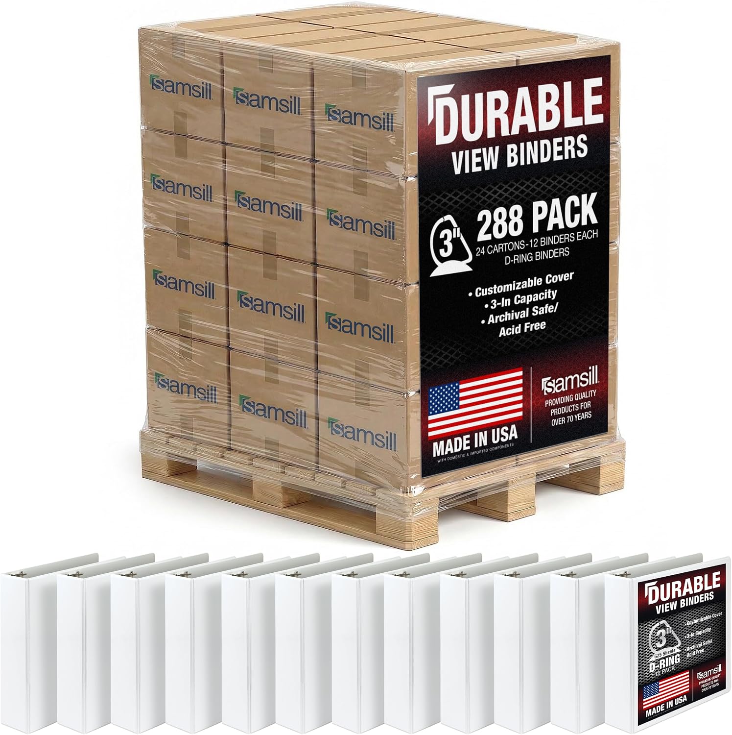 Samsill Durable 3 inch 3 Ring Binder, D Ring Binder, 100% Recycled Chipboard, White, Pallet of 288 Binders in 24 Cartons