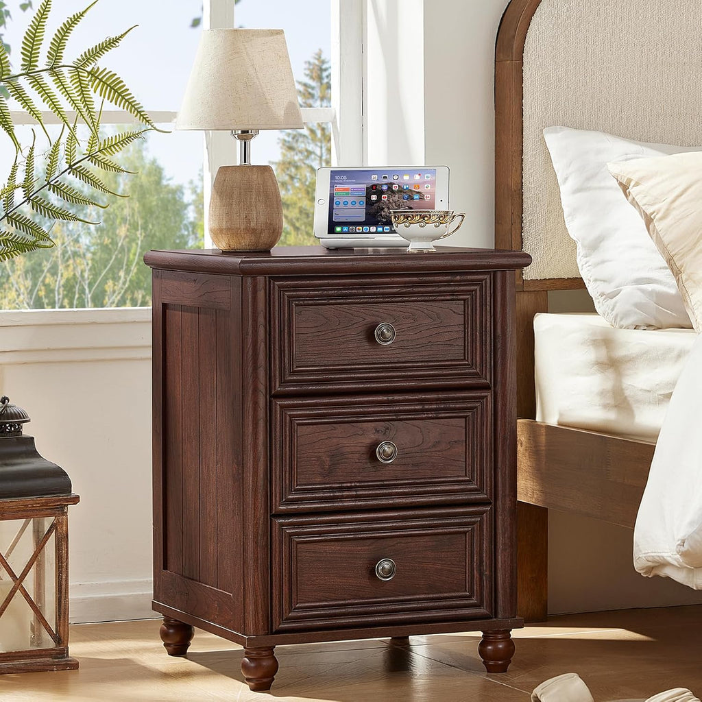 RWYHG 18' Farmhouse Night Stand Set of 2, Walnut Wood Nightstand with 3 Drawers, Bedside End Table with Storage and Roman Column, Bed Side Tables Cabinet for Bedroom, Living Room, and Closet