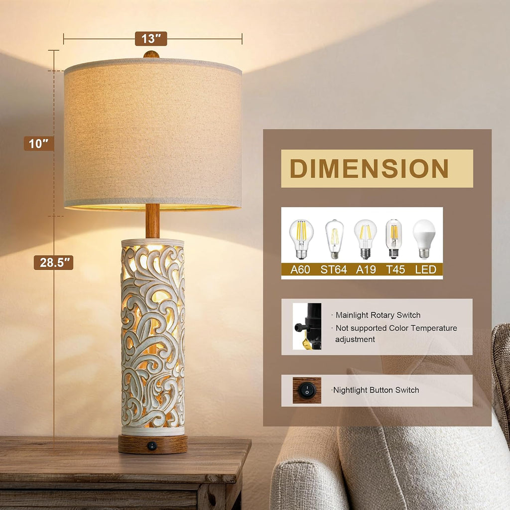 OYEARS 2-in-1 Light Table Lamp Set of 2 for Living Room, 28.5' Farmhouse Bedside Lamps with USB Charging Port, Main&Night Light & Dual Switches, Nightstand Lamp for Bedroom Home Office(Bulb Included)