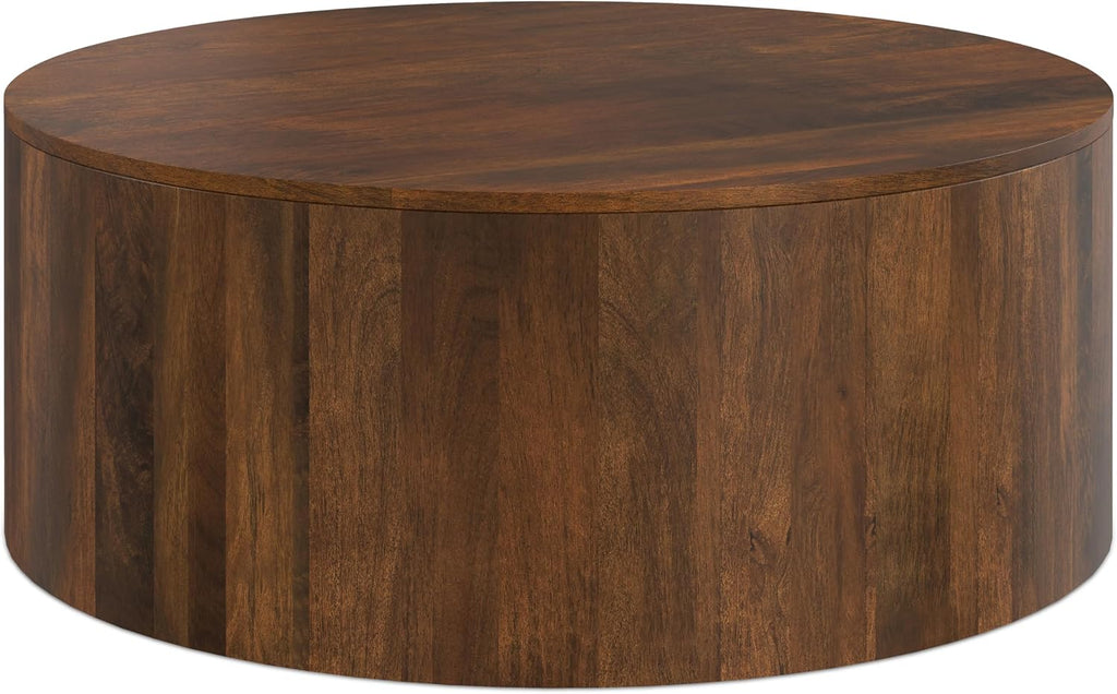 SIMPLIHOME Millbury Drum Coffee Table - 36 inch Wide Solid Mango Wood Round Living Room Table in Walnut Brown, Contemporary Cocktail Table for Family Room or Lounge with Large Surface, Assembled