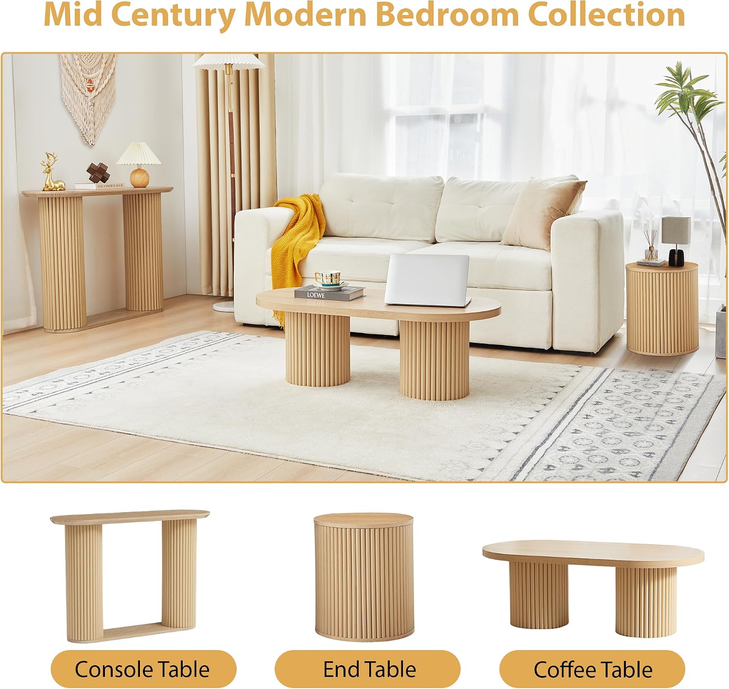 Round Fluted Side Table Set of 2, 15.7' Mid-Century Modern End Table with Storage, Wooden Bedside Table Round Nightstand Small Circle Sofa Accent Table for Living Room, Bedroom (Natural)
