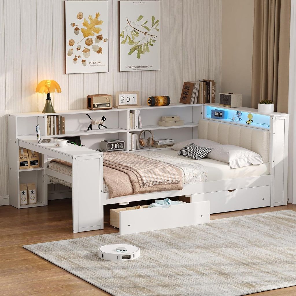 Bellemave Full Corner Bed with Storage Shelves and Desk, Upholstered Headboard Daybed with Bookcase and Drawers，Daybed with Storage, White+Beige Cushion
