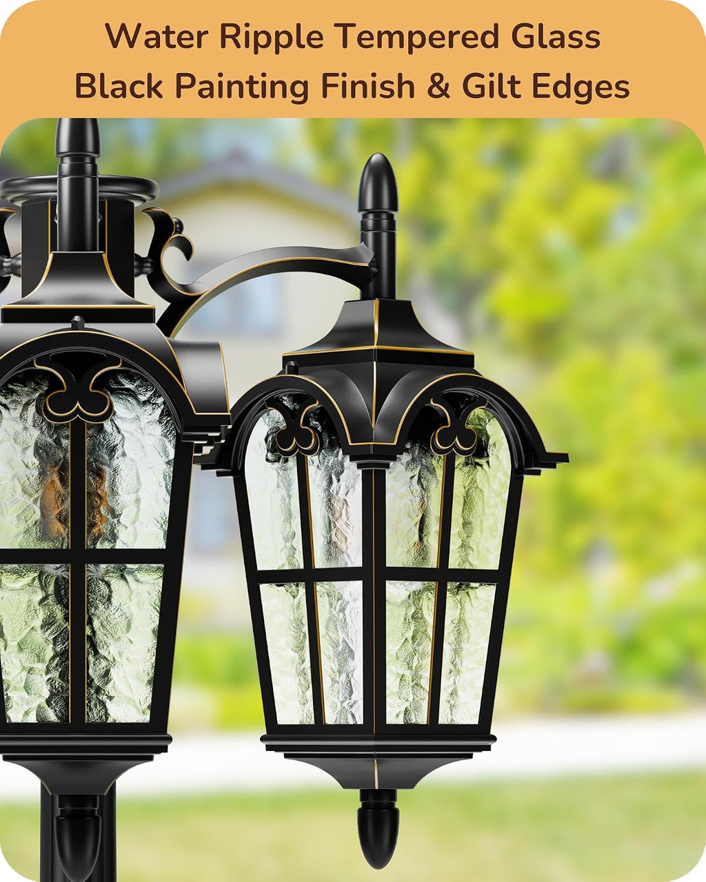 EDISHINE Outdoor Lamp Post Light 3-Head, Thickened Aluminum Dusk to Dawn Street Light Post with Water Ripple Glass, Retro Roman Pole Lighting Fixture for Backyard Garden Patio Driveway