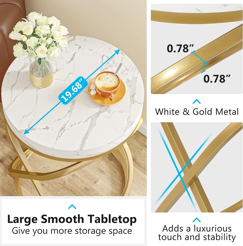 Tribesigns End Tables Living Room Set of 2, 26 Inches White and Gold Faux Marble Top Nightstands Sofa Side Table with Double X-Shaped Ring Unique Design for Bedroom