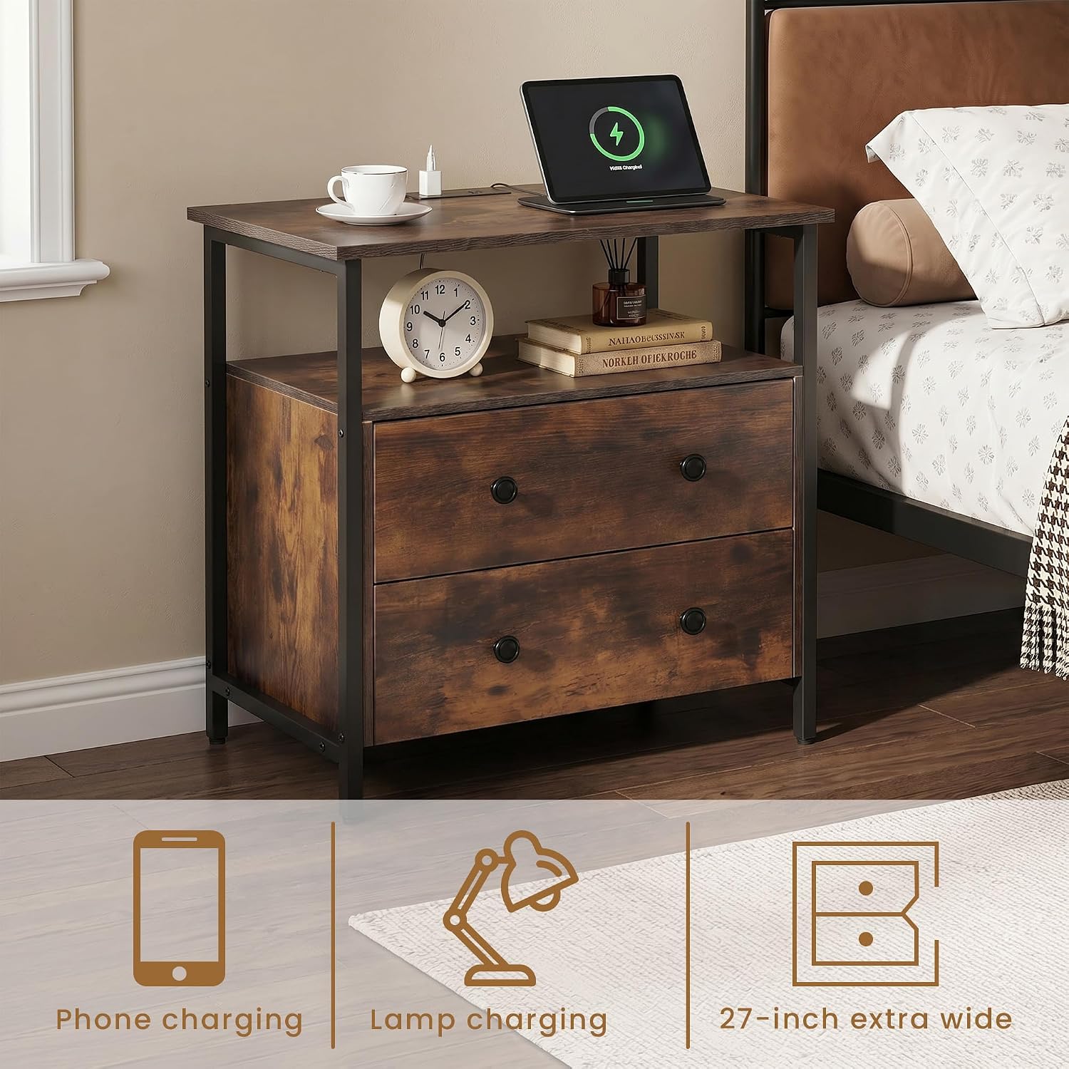 Edbuosy 27 inch Wide Night Stand Set 2 with Charging Station, Bedside Table with Open Shelf, 2 Drawers Small Wood Dresser, Modern Wood Nightstand for Bedroom/Living Room (Retro Brown)