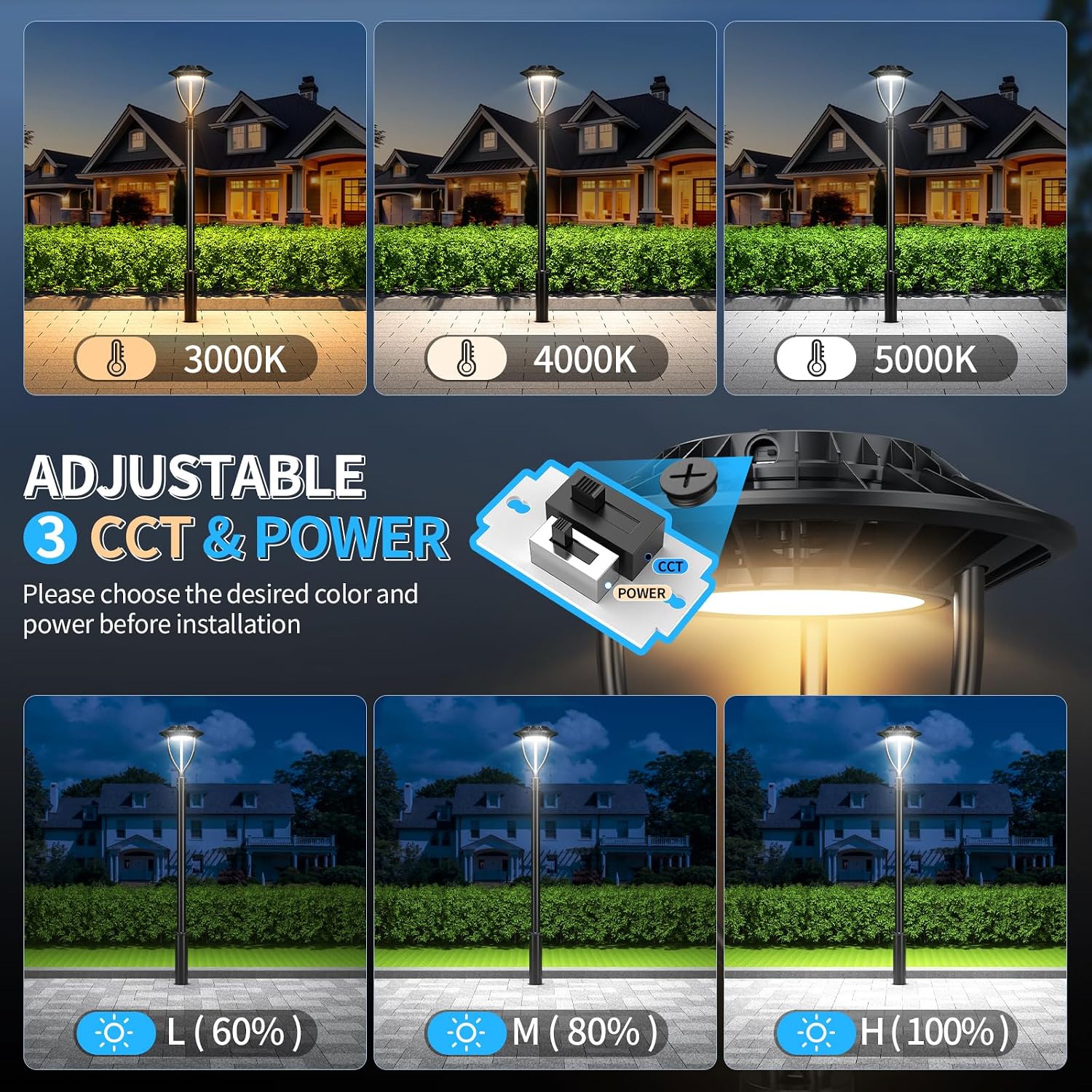 ADUB 2 Pack 60W LED Post Top Lights with Photocell, 8700LM, 60W 48W 36W Adjustable Street Lamp 3 CCT 3000K 4000K 5000K, IP65 Commercial Outdoor Pole Fixture for Parking Lot, AC 120V-277V,ETL Listed