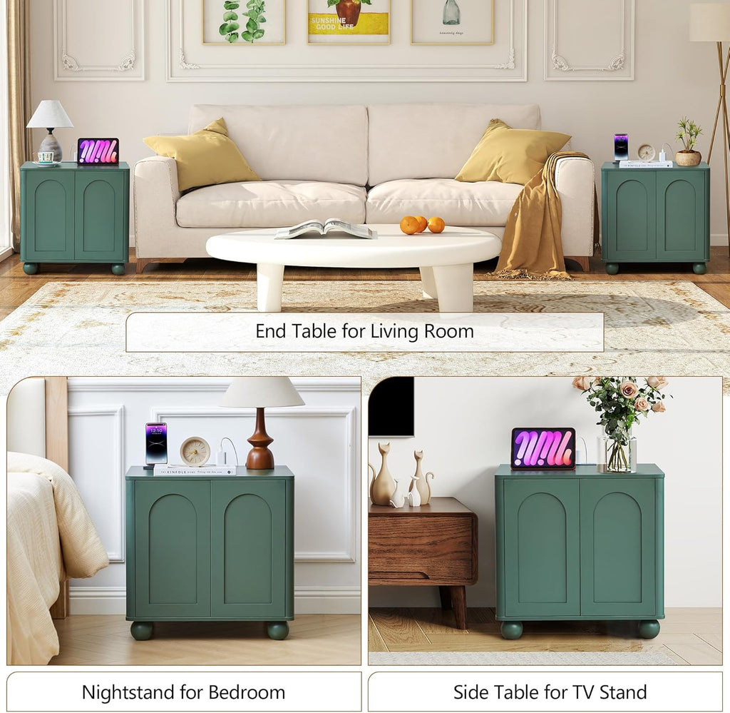 Bed Side Table Set of 2 with Charging Station, Mid Century Modern Nightstand with 2 Doors, Square End Table with Storage for Couch,Living Room, Sofa Side Table for Office,Dorm - Green