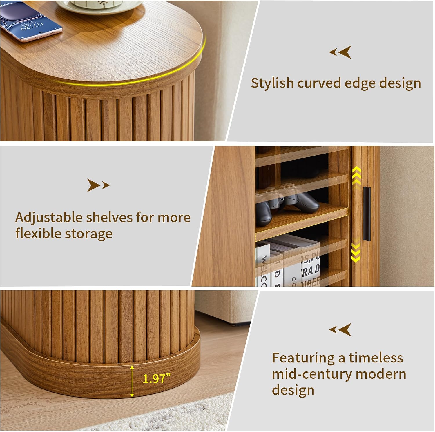 Turtle&Myrtle Nightstands with Charging Station, Narrow Side Table with Storage Doors and Shelves, Mid-Century Modern Bedside Table for Small Spaces Bedrooms, Walnut
