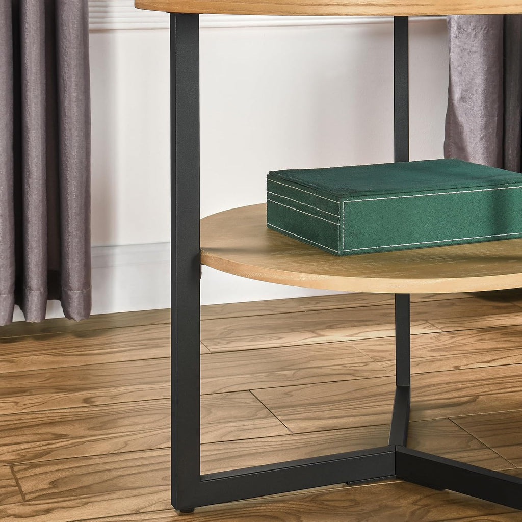Round Large End Table with 2 tire Storage Shelf, 25.2' Solid Wood Sofa Side Table with Black Metal Frame, Beside Table for Living Room,Small Space,Natural CJZ1338OA