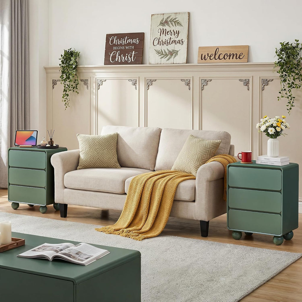 AVZEAR Wooden Night Stand wth 3 Drawer Dresser Mid Century Modern End Table Chest of Drawers, Solid Wood Legs & Curved Profile Design, Farmhouse Side Table for Living Room, Green