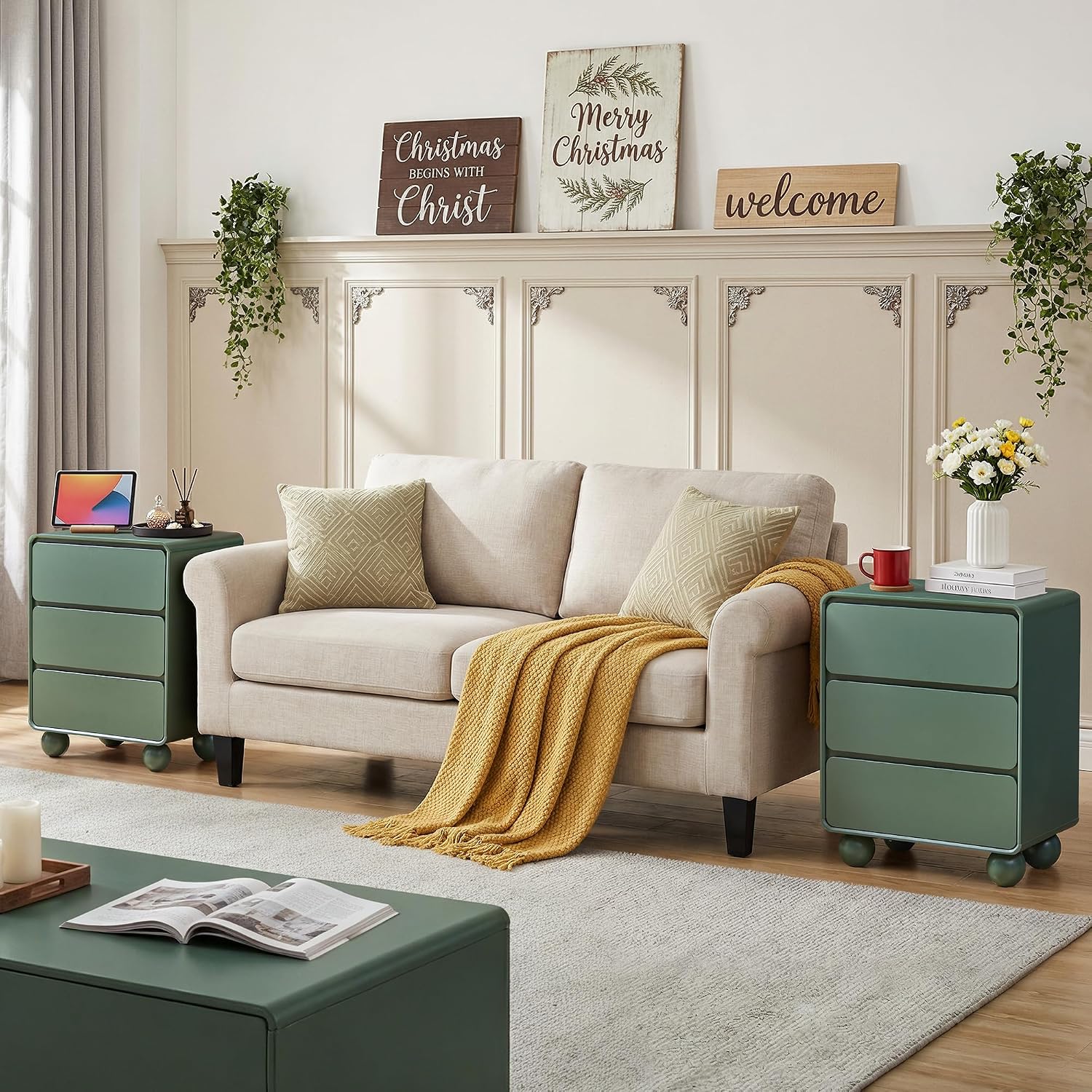 AVZEAR Wooden Night Stand wth 3 Drawer Dresser Mid Century Modern End Table Chest of Drawers, Solid Wood Legs & Curved Profile Design, Farmhouse Side Table for Living Room, Green