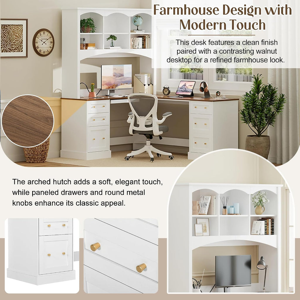 L-Shaped Computer Desk with Keyboard Tray | Charging Stations,Corner Desk with Arched Hutch, All-in-One Home Office Desk for Study, Office