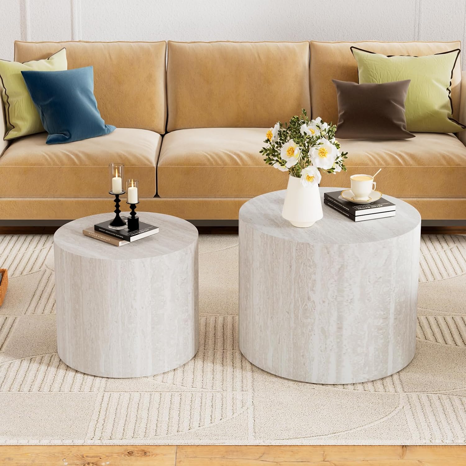 WXFKLDJ Round Nesting Coffee Table Set Cylindrical Wooden Coffee Table Sofa Center Table Circle Embossed Design Side Table for Living Room Apartment No Assembly (Marble)