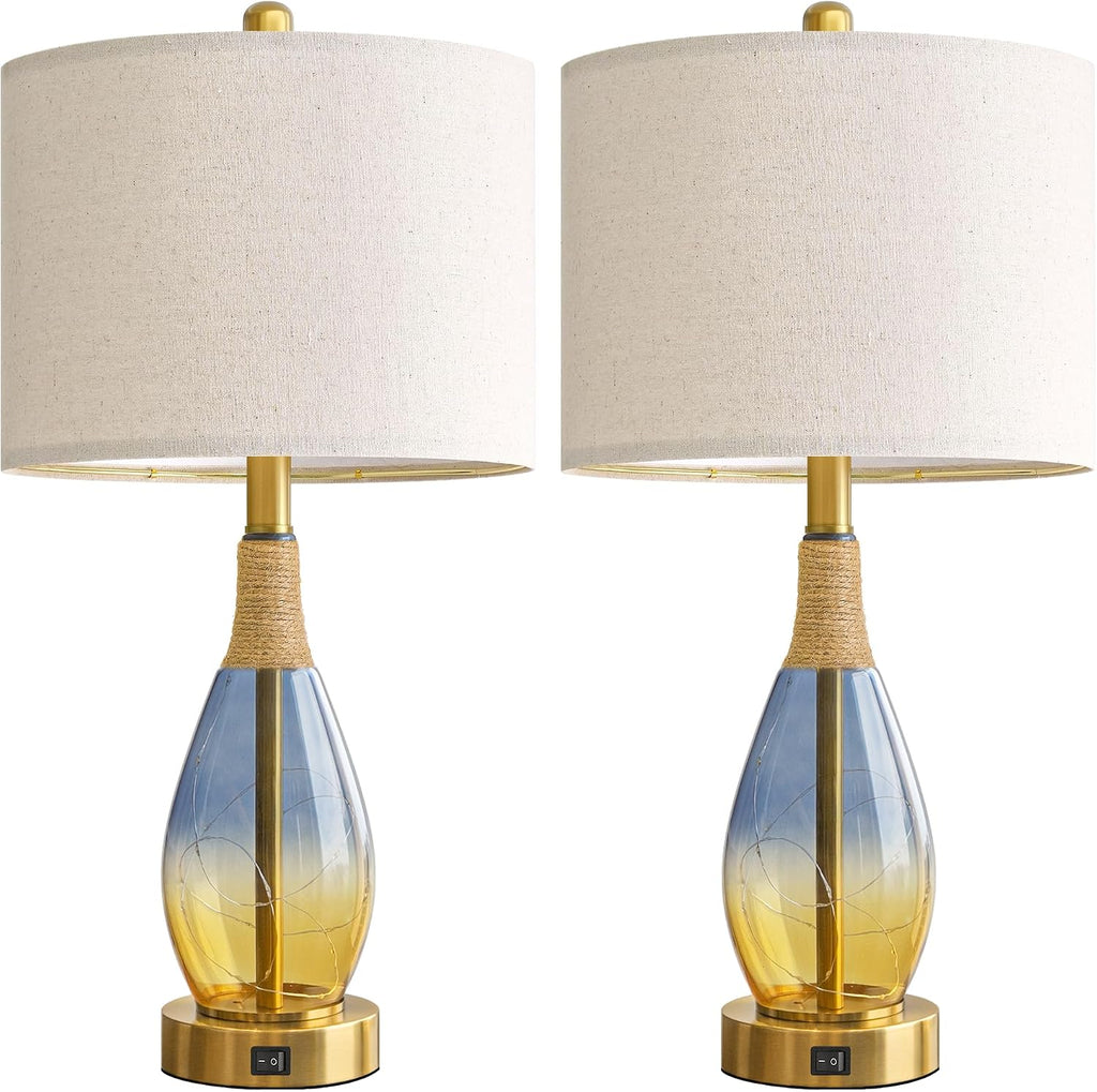 OYEARS 23' Table Lamps for Living Room Set of 2,Bedside Lamps for Night Stands, Rattan Lamps for Bedroom,Farmhouse Lamps with Glass Nightlight,Two Light Points