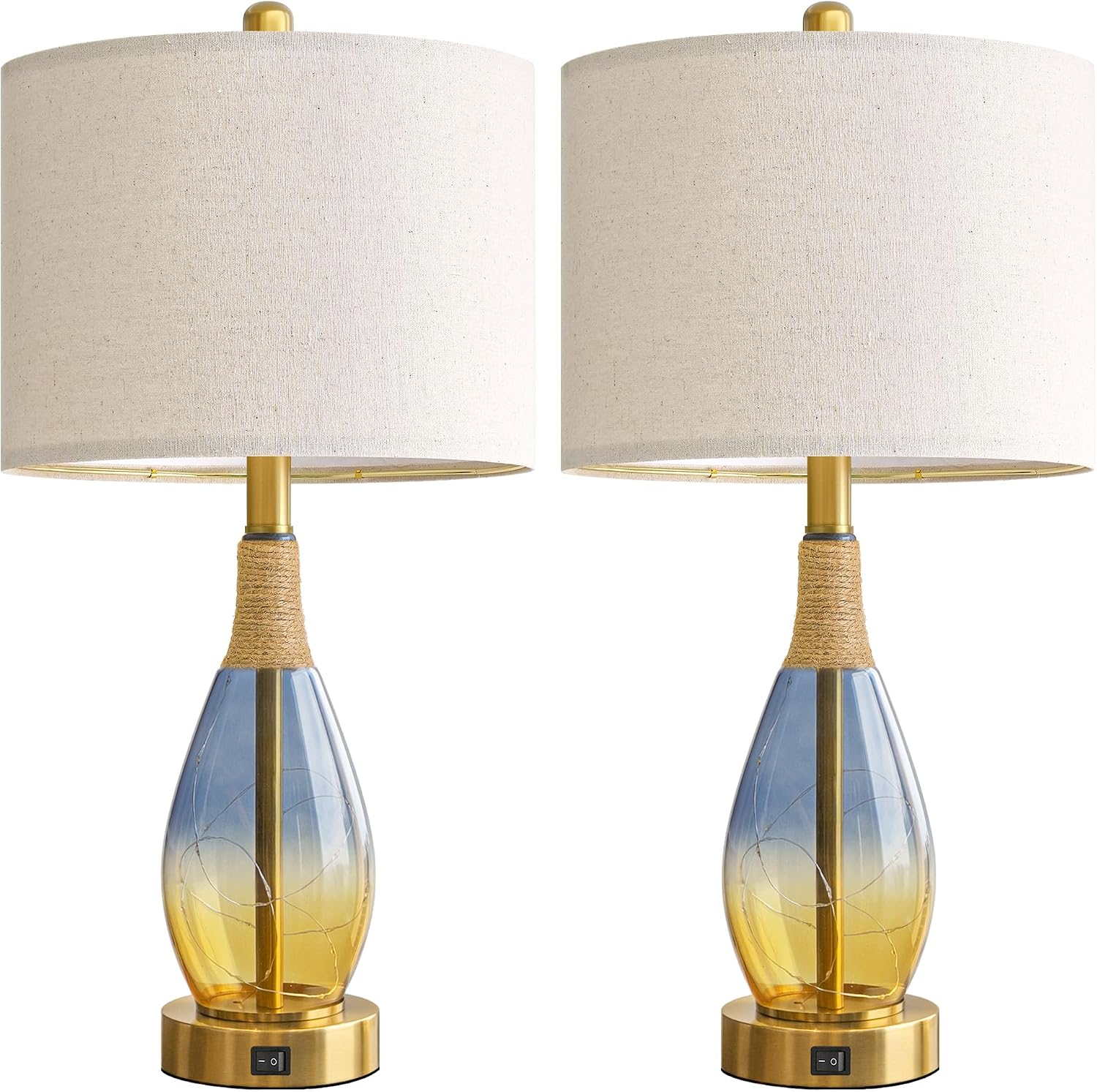 OYEARS 23' Table Lamps for Living Room Set of 2,Bedside Lamps for Night Stands, Rattan Lamps for Bedroom,Farmhouse Lamps with Glass Nightlight,Two Light Points