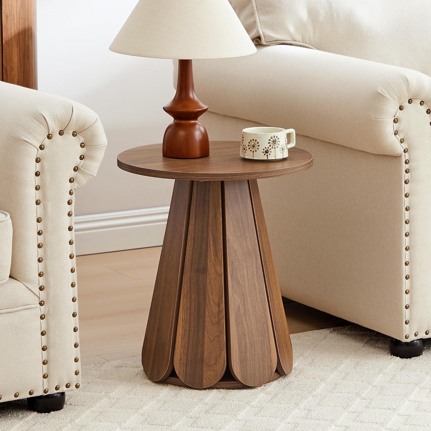 Round End Table Nightstand Set of 2, Mid Century Modern Side Table, Circle Bedside Tables Wood Night Stands for Bedroom, Living Room, Small Space, Walnut