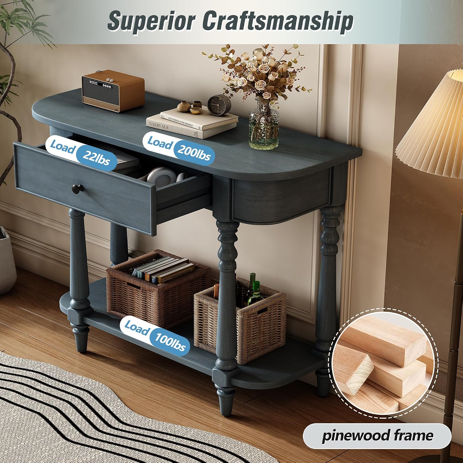 SOFTSEA Farmhouse Curved Console Table with Storage Drawer and Open Shelf, Rustic Curved Entryway Table for Living Room Hallway, 36 inch Conosle Table, Navy