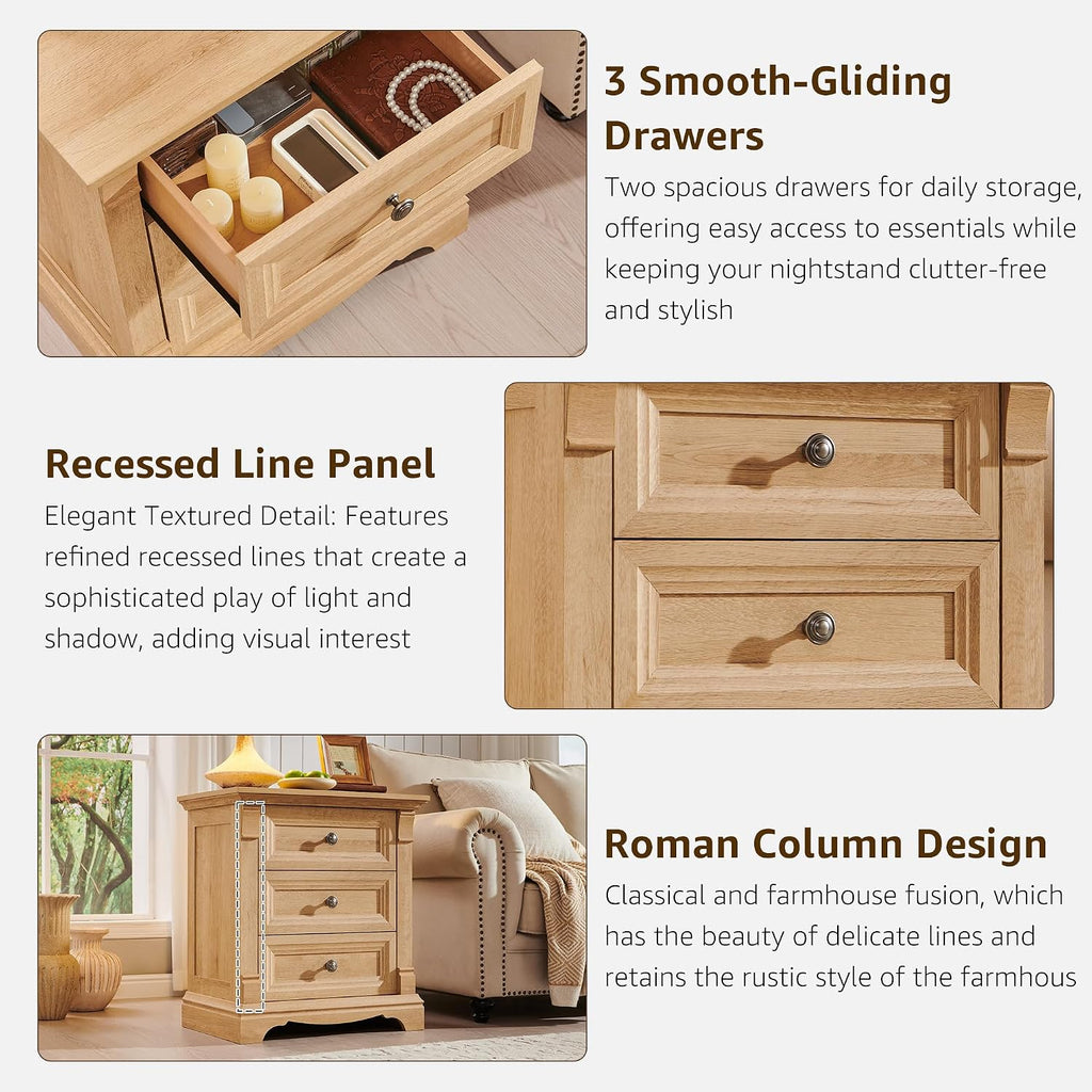T4TREAM Farmhouse Nightstand Set of 2, 23.6' End Table with 3 Drawers Storage, Wood Side Table w/Roman Column, End Tables Living Room Set of 2, Bedside Cabinet for Bedroom, Oak
