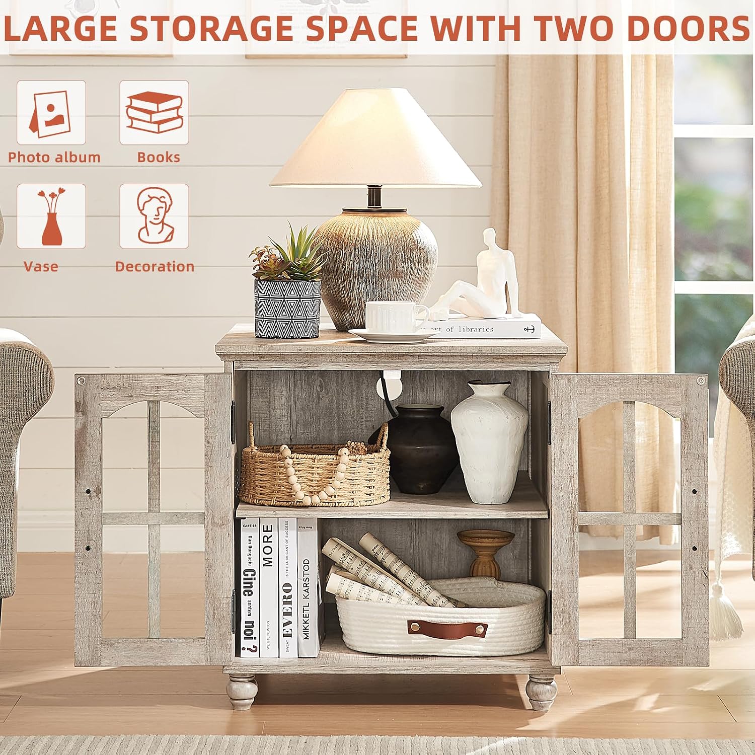 RWYHG Farmhouse 24' End Table Set of 2 with Charging Station, Large Sofa Side Table with Glass Barn Door,Wood Night Stand with Adjustable Storage Shelf,Square Bedside Table for Living Room,Bedroom