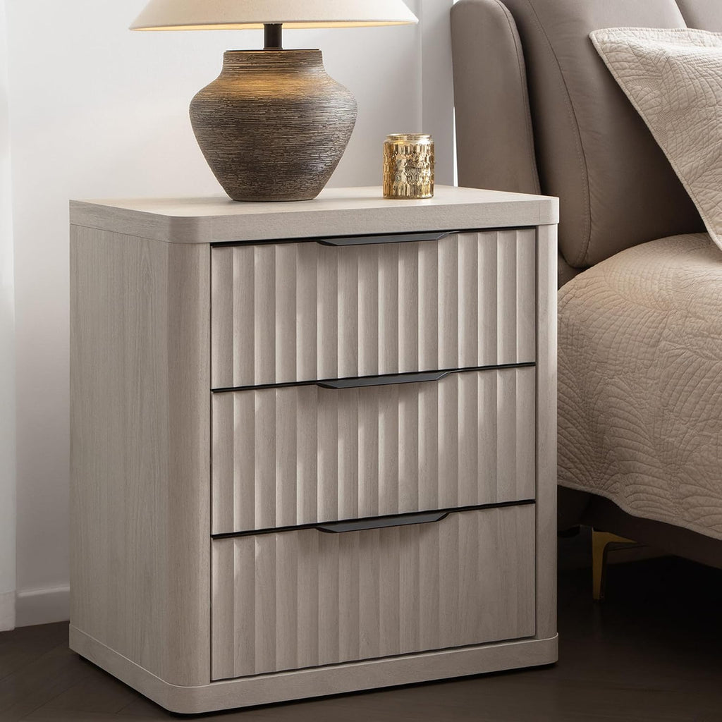 SICOTAS Night Stand Nightstand with 3 Drawers Storage Bedside Table Large Fluted Bed Side End Table Modern 25.6' Tall Wide Night Stands for Bedroom Living Room Sofa Couch Home Office, White Alder