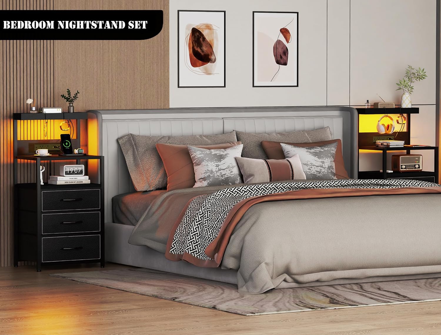 SZLHANJZ Night Stand Set 2 with LED Lights, Bedroom Nightstands with Power Outlet and Type C Port, Bed End Tables with 3 Fabric Drawers, Matching Bedside Tables with Hooks and Shelves, Black