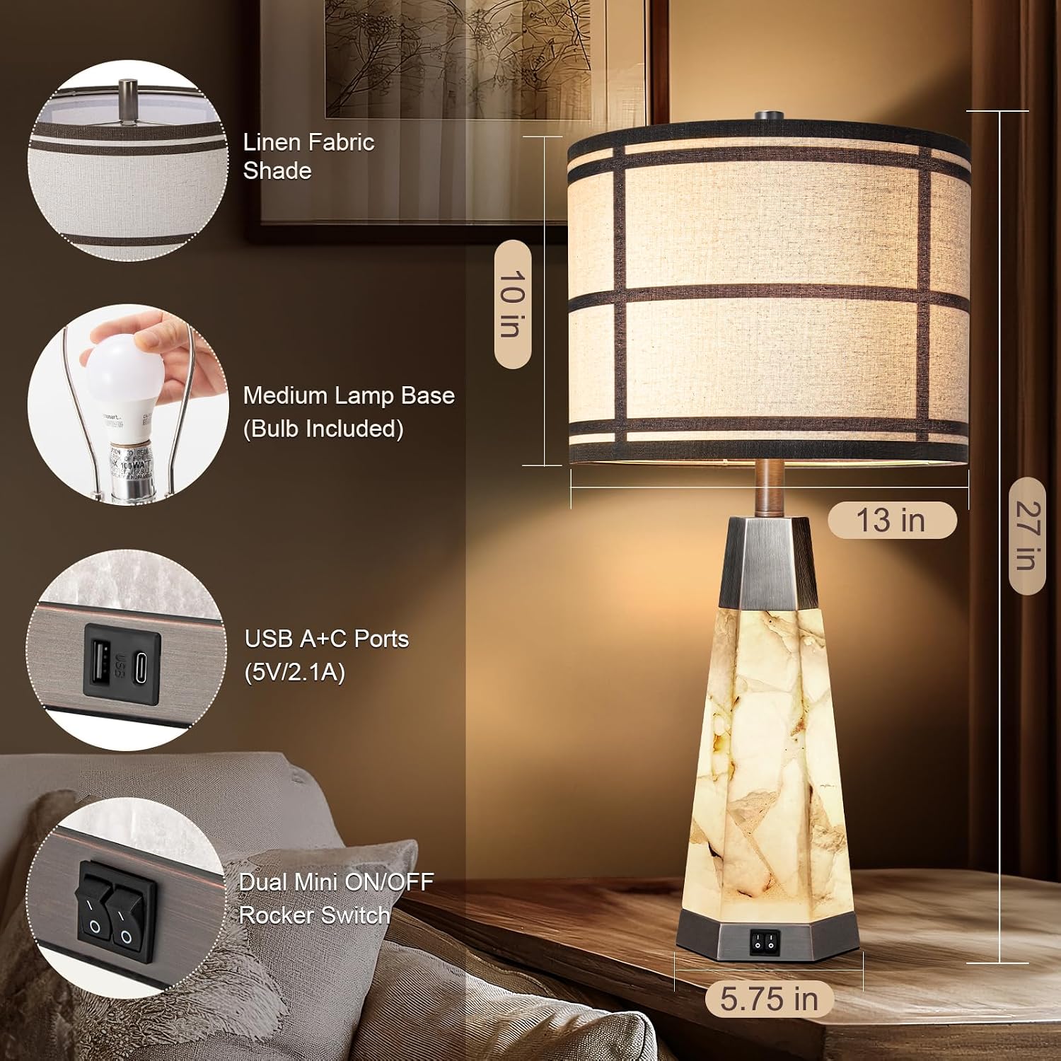 KIVDITZO 27' Alabaster Table Lamps for Living Room, Bedroom Lamps Set of 2 with Night Light, Living Room Lamps with USB A+C Ports, Table Lamp with Linen Shade for Bedside (Bulbs Included)