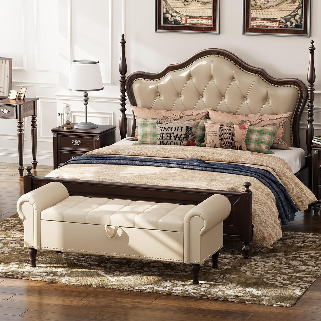 Apicizon 51' Bench with Storage, Faux Leather Ottoman Bench with Rolled Arm & Vintage Rivets, End of Bed Bench for Bedroom, Living Room, Entryway, Beige+Brown Legs