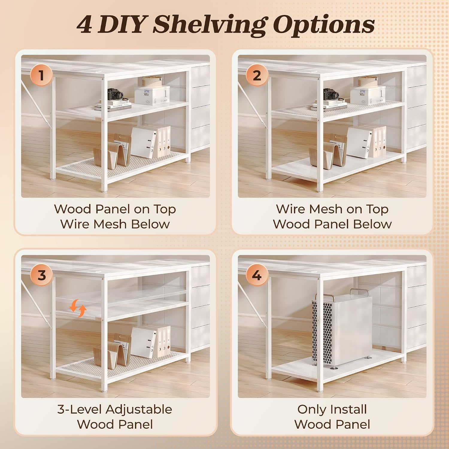 PRAISUN 61' L Shaped Desk with Power Outlets & USB-C Port, Reversible Computer Corner Office Desk with 4 Fabric Drawers and 2 Storage Shelves, Large Desk for Gaming Writing Study, White