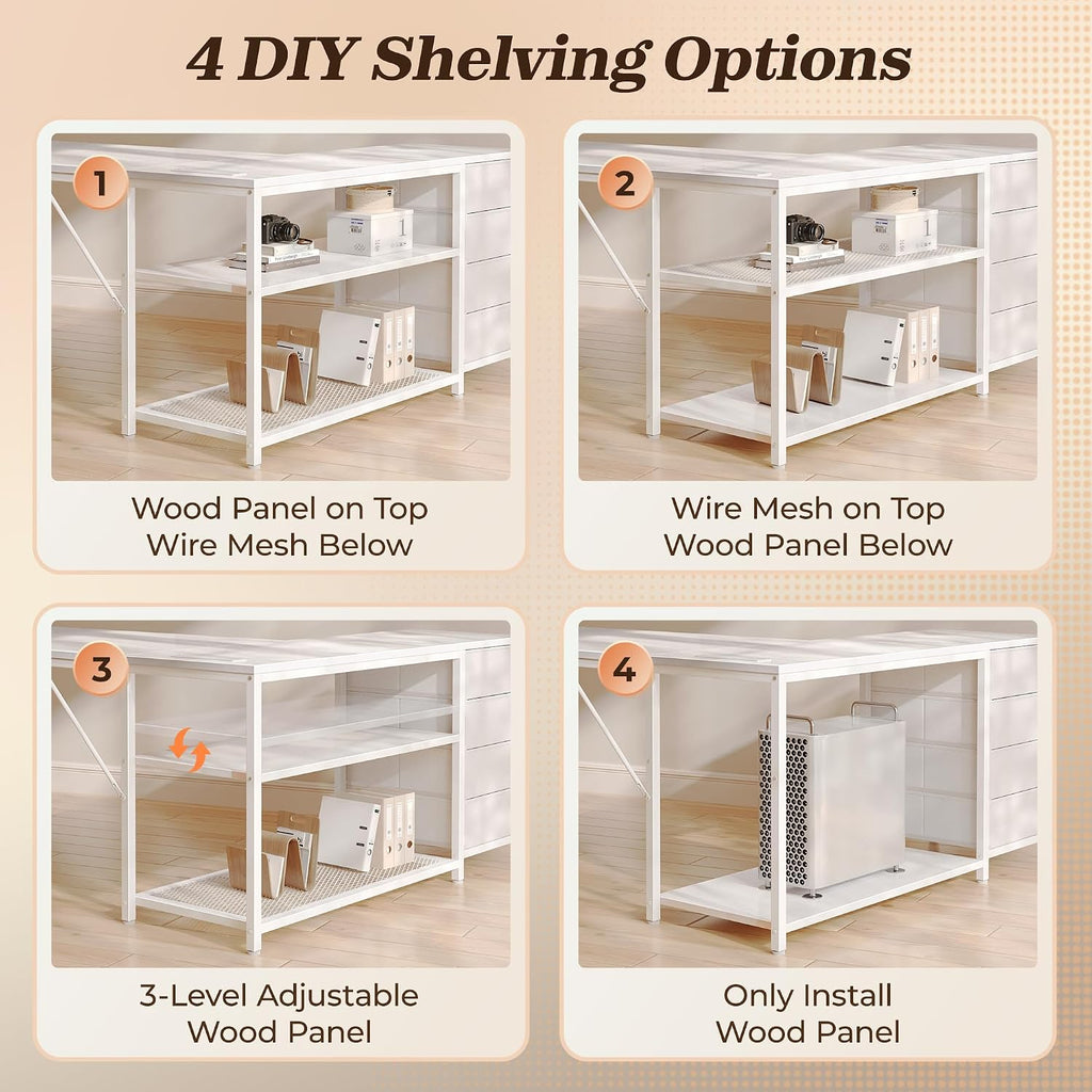 PRAISUN 53' L Shaped Desk with Power Outlets & USB-C Port, Reversible Computer Corner Office Desk with 4 Fabric Drawers and 2 Storage Shelves, Large Desk for Gaming Writing Work Study, White
