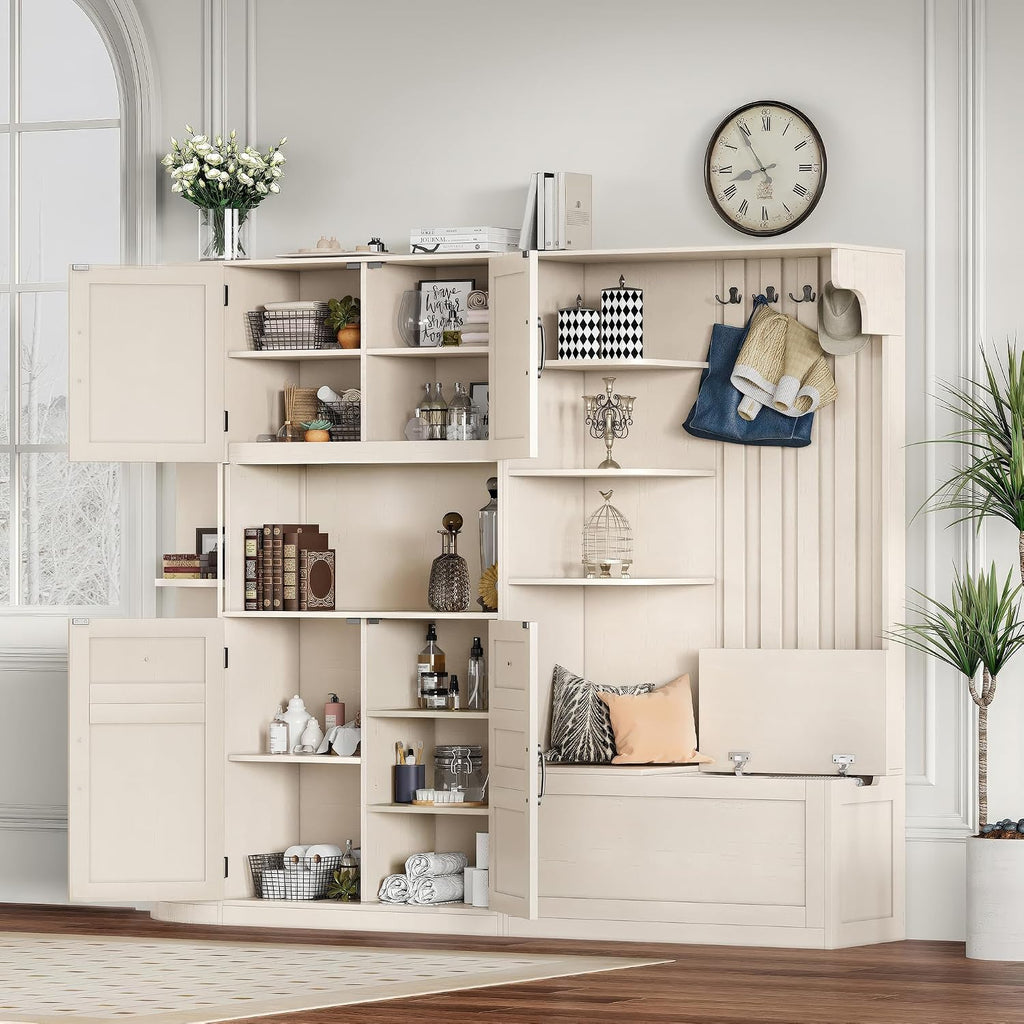Multifunctional Hall Tree with Shoe Bench & Storage Cabinet,2-in-1 Left-Right L-Shaped Corner Entryway Cabinets with Coat Rack & Open Shelves,Modern Storage Organizer for,Living Room (Beige)