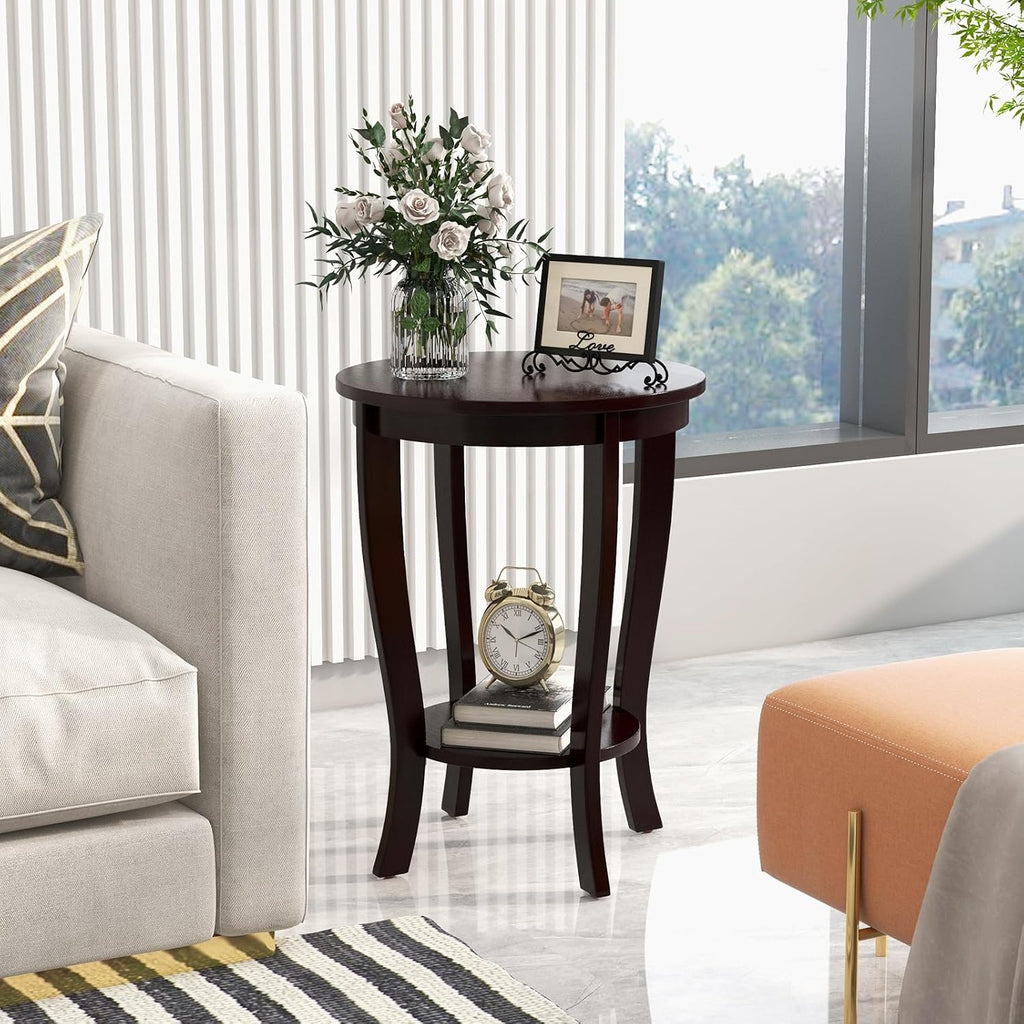 GOFLAME 2-Tier Round End Table Set of 2, 18' Sofa Side Table with Storage Shelf, Floor Tea Table with Solid Wood Legs, Compact Nightstand for Small Space, Living Room, Bedroom, Espresso