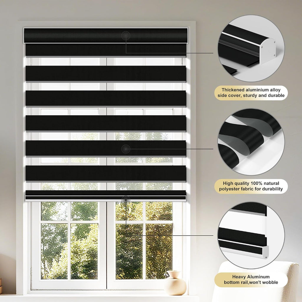 Blackout Cordless Zebra Blinds for Windows, Blinds for lndoor, Light Control, Easy to Instal, UV Protection, for Home, Offices and Door, Roller Shades, Custom Sizes,Black, 52' W x 56' H