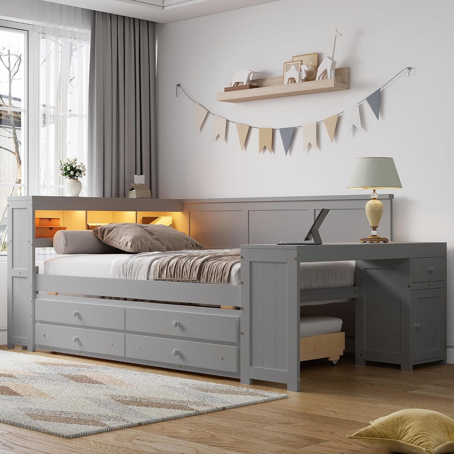 Merax Corner Full Bed Frame with Desk and Led Lights,Wood Platform Bed Frame with Trundle and 2 Drawers,Full Size Daybed with Storage and Charging Station for Living Room,Bedroom,Guest Room,Grey