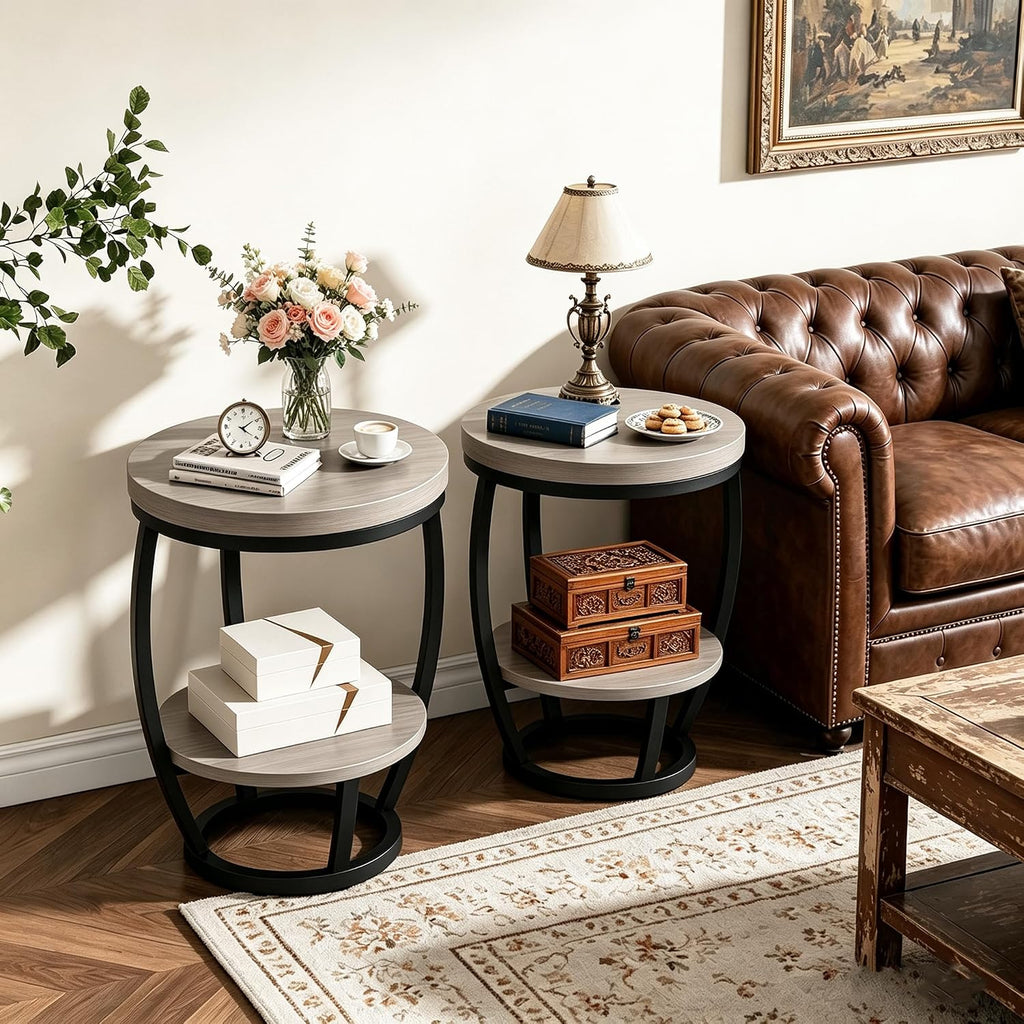 Round End Table Set of 2, 2 Tier Industrial Side Table, Nightstand with Metal Frame, Accent Bedside Table with Storage Shelves for Living Room, Bedroom, Small Spaces, Gray Brown & Black