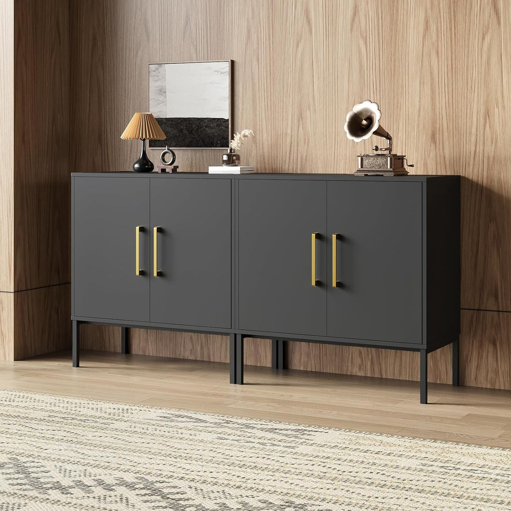 LYNSOM Storage Cabinet with Doors, Set of 2, Modern Buffet Cabinet with Storage, Kitchen Sideboard Buffet, Black Wood Accent Cabinet for Living Room, Bedroom, Hallway, Entryway, Office, Black