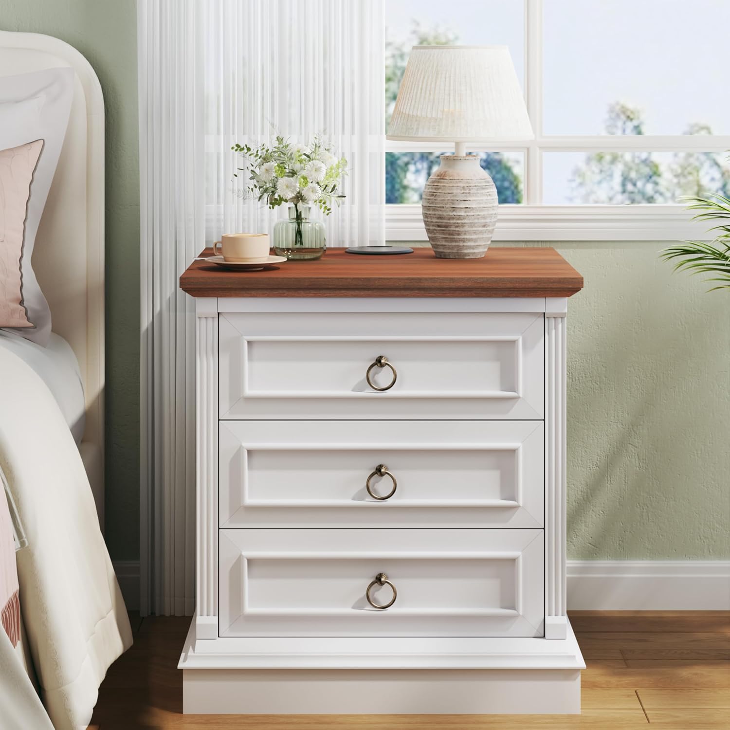 HUAHUU Farmhouse Nightstand Set of 2, Side Table with Wireless Charging Station, Wood Rustic End Table with Roman Column & Metal Handle for Bedroom, White
