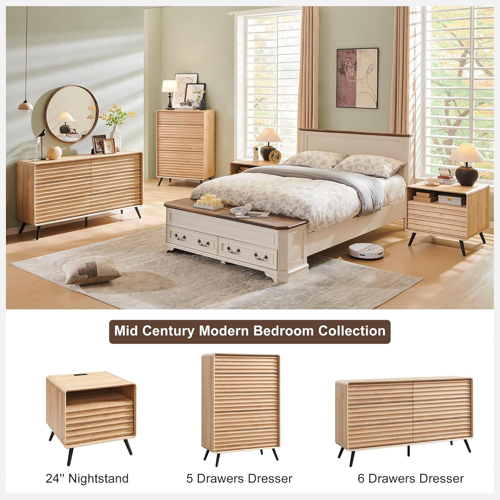 RedLemon 24' Nightstand with Charger Station, Mid Century Modern Fluted End Table with 2 Drawers, Wooden Side Table with Open Cubby Storage for Living Room, Bedroom, Office (Natural Oak)