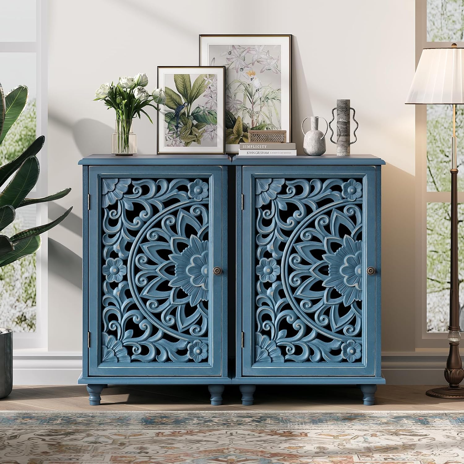 JOINICE Small Accent Cabinet with Carved Mandala Door, Blue Storage Cabinet with Solid Wood Legs & Adjustable Shelf, Boho Distressed End Table for Living Room, Bedroom, Entryway Side Table