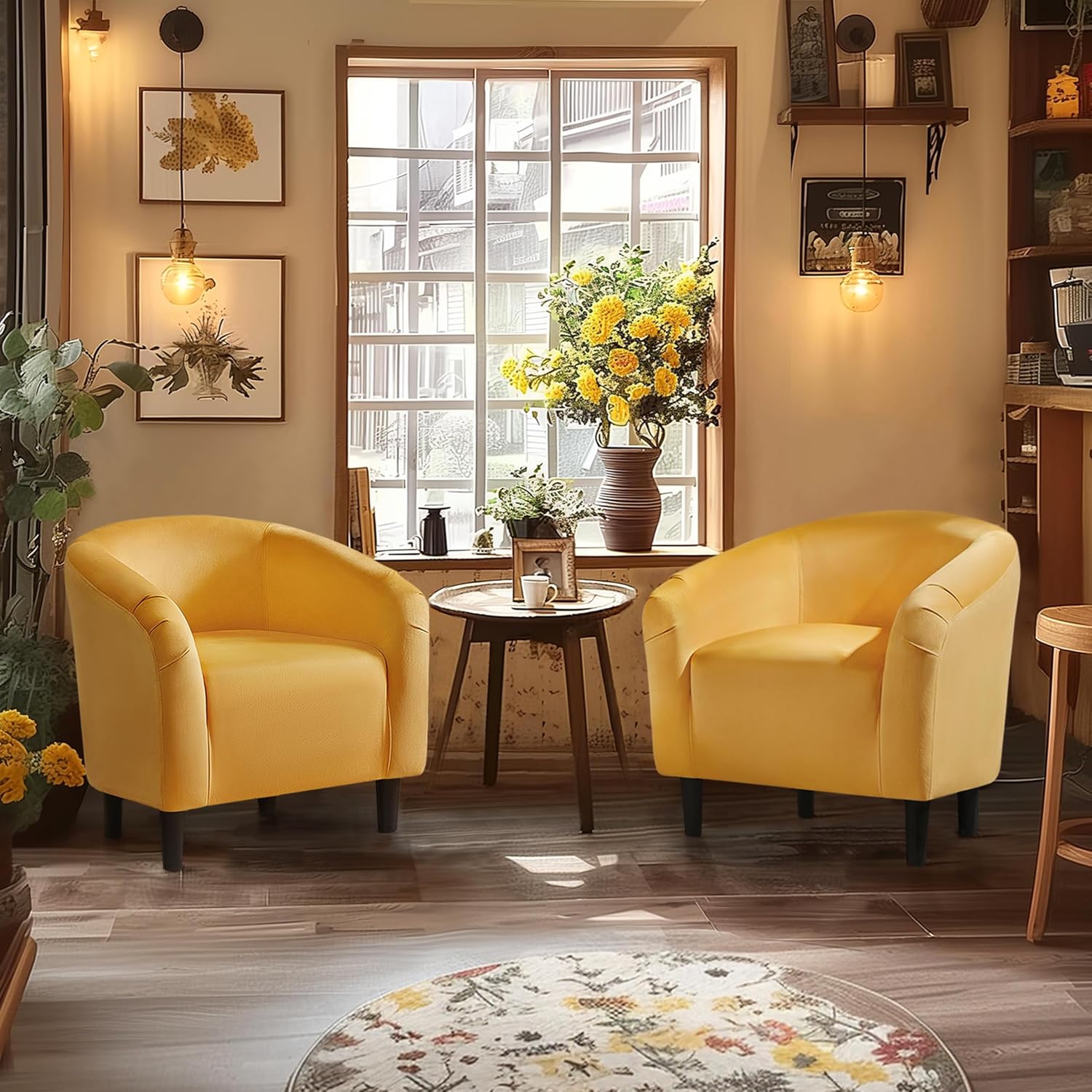 Yaheetech Barrel Chairs, Velvet Accent Chairs with Soft Padded Armrest for Living Room Bedroom Waiting Room Office, Set of 2, Yellow